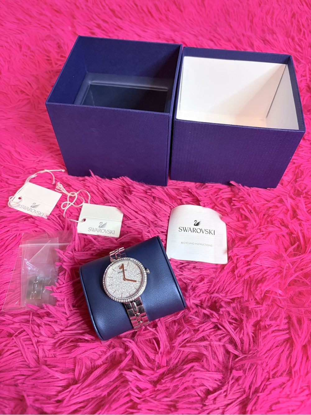 Swarovski Rose Gold-Tone Pavé Crystal Watch with Navy Box